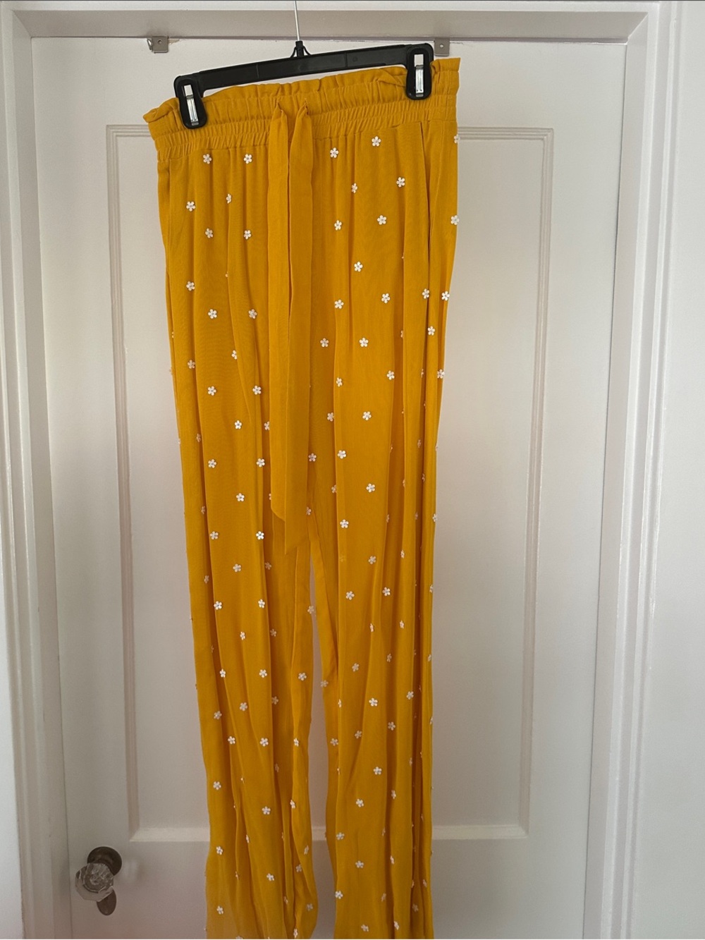 Beach Riot Mustard Yellow Wide-Leg Pants with White Daisy Embroidery